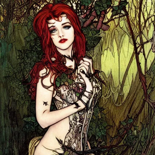 Image similar to a beautiful and detailed matte painting of a poison ivy dressed casually in jeans and a nirvana t - shirt from hot topic, food court in a mall, dark eyeliner, intricate, elegant, highly detailed, digital painting, artstation, concept art, matte, sharp focus, illustration, art by rebecca guay and by arthur rackham and by alphonse mucha and by john william waterhouse