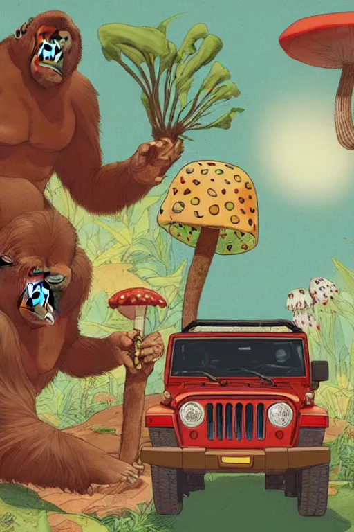 Image similar to gorilla driving a jeep holding a amanita muscaria, sunshine, by alba ballesta gonzalez and moebius. 4 k wallpaper, digital flat 2 d, japan animation, comic book, illustration, cinematic lighting, smooth sharp focus.