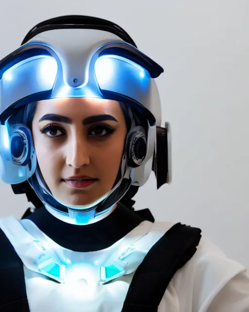 Prompt: centered medium shot fine studio photograph of a beautiful persian girl wearing a zoroastrian mecha electronic helmet with led lights, ultra-realistic, white background, 8k HDR morning light, intricate detail