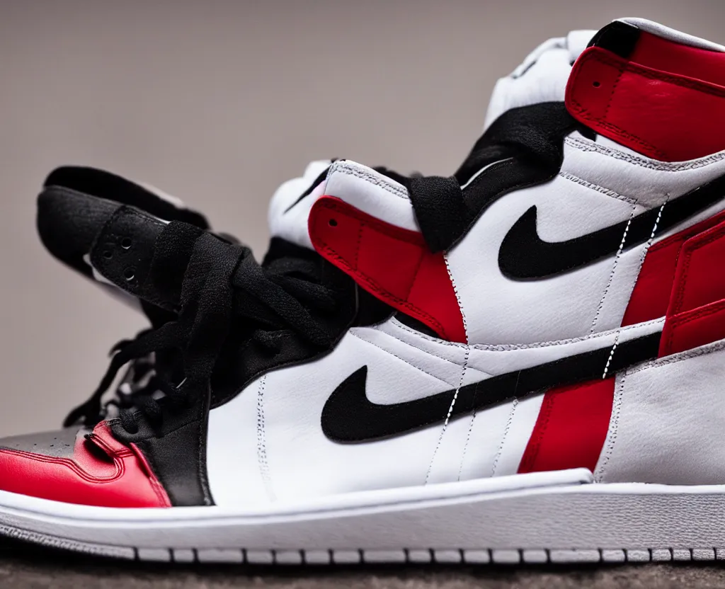 Image similar to a proffesional press photograph of nike jordan 1 black red and white