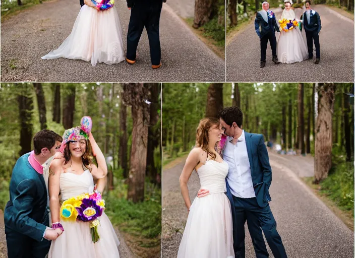 Image similar to care bear themed wedding, professional photography, nerd marriage