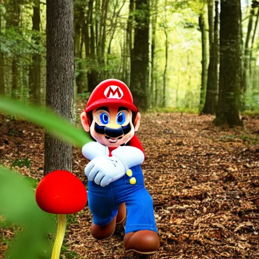 Image similar to real life photograph of Super Mario in the woods, discovering a bright red and white mushroom, his face is filled with extreme surprise, 4K award winning photography