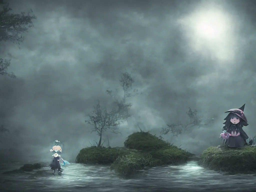 Prompt: cute fumo plush girl witch on a tiny island surrounded by murky river water, river styx, cursed otherworldly chibi gothic horror wraith maiden, lost in the milky void, hazy heavy magical glowing swirling murky volumetric fog and smoke, moonglow, lens flare, vray