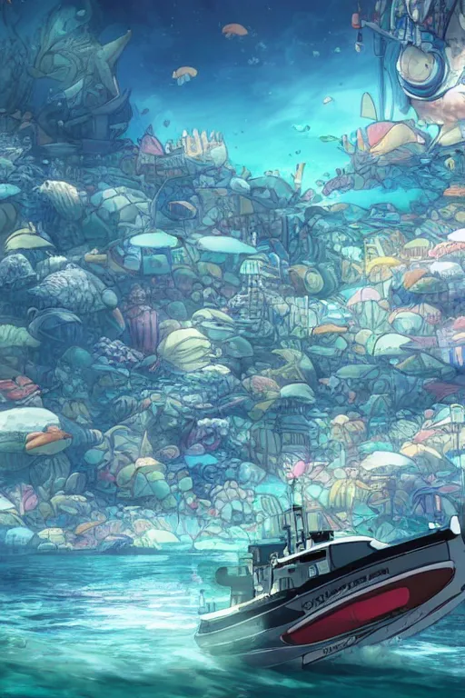 Image similar to a beautiful picture of a city under the sea ， fish shuttle, anime, detailed, 8 k