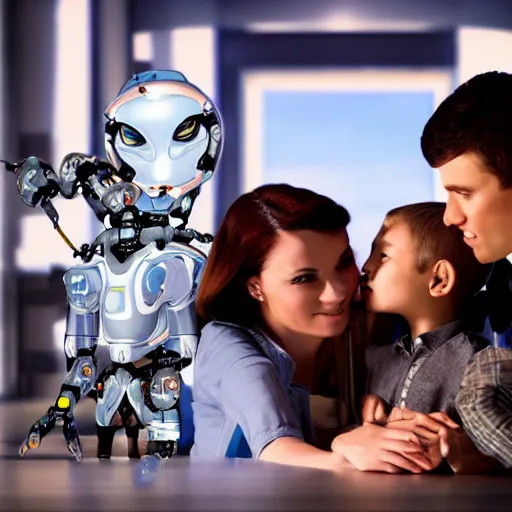 Prompt: a handsome young family with an advanced robotic young boy, scene from a future world where nanotechnology is ubiquitous