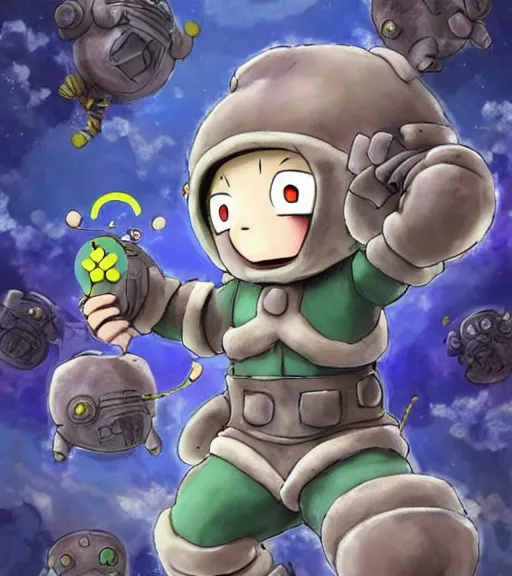 Image similar to beautiful little boy wearing an cyborg bear suit, artwork in kentaro miura and made in abyss, inspired in super bomberman, smooth, beautiful lightness, anatomically correct, trending on pixiv, space