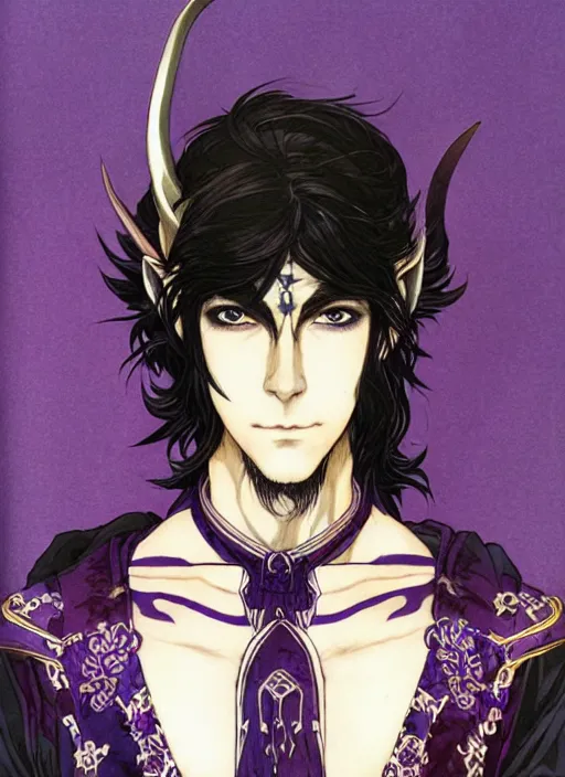 Prompt: half body portrait of a handsome brunette male elven warrior in black and purple. detailed, wearing kimono armour, by conrad roset, takato yomamoto, jesper ejsing, masamune shiro
