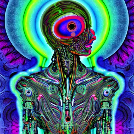 Image similar to psychedelic organic cyborg, art by albert aublet