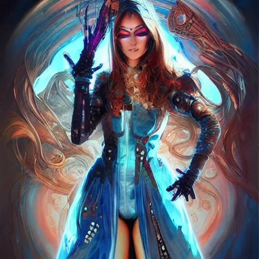 Image similar to a full body beautiful woman wearing a cyberpunk outfit by karol bak, ayami kojima, artgerm, sakimichan, arabian beauty, blue eyes, smile, concept art, fantasy