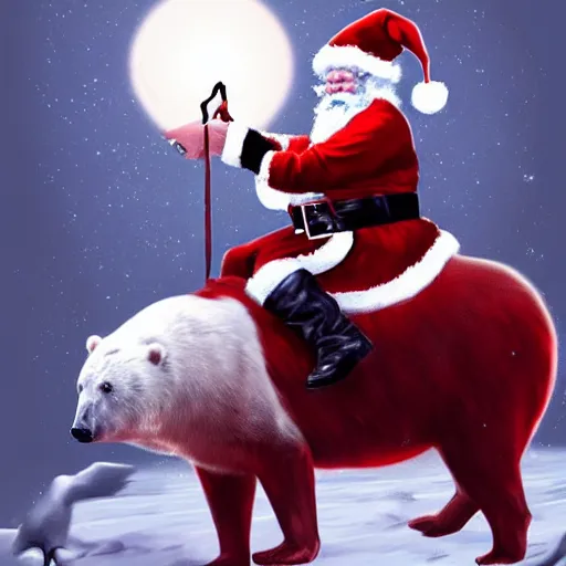 Prompt: santa claus riding a polar bear into battle, epic, cinematic, artstation, concept art, high quality,