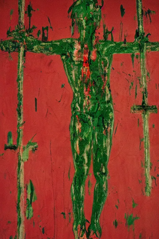 Image similar to green background with bloody christ crucified painted by cy twombly and andy warhol