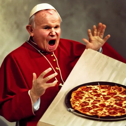 Image similar to john paul ii screaming at pizza