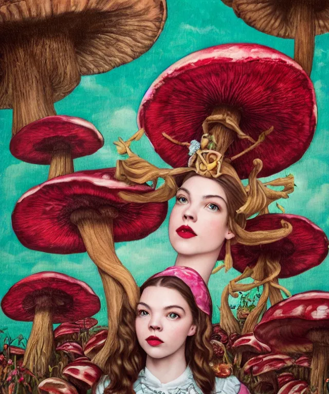 Image similar to portrait of Anya Taylor-Joy in wonderland, giant mushrooms, lowbrow painting by Mark Ryden