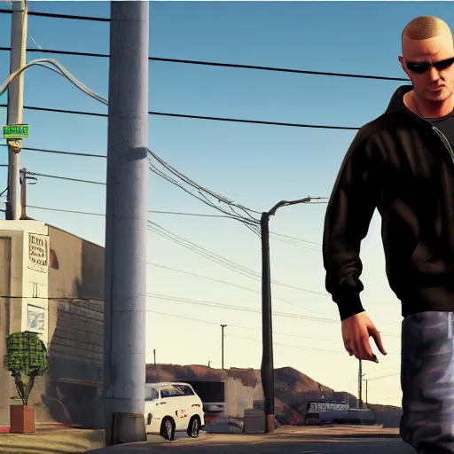 Prompt: Eminem in GTA V cover, rockstar games, no text,