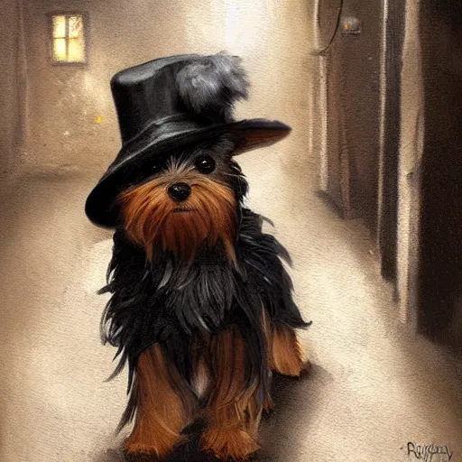 Image similar to detective yorkshire terrier wearing a fedora, in a dark alley, Greg Rutkowski, art station