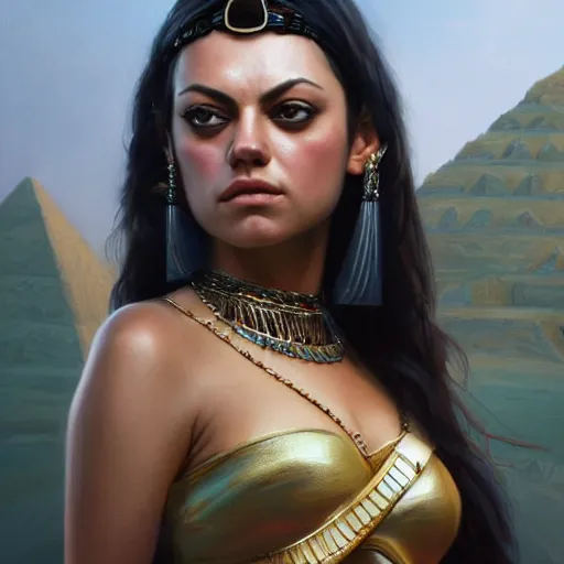 Image similar to a closeup portrait of a young mila kunis as cleopatra, gorgeous view, pyramid background, dramatic lighting, painted by artgerm, painted by greg rutkowski, digital art, trending on artstation