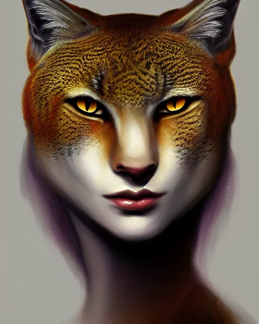 Image similar to painting of linx, enigmatic beauty, esoteric, muted colors, head in focus, fantasy art, ornamental aesthetics, intricate, elegant, highly detailed hyperrealistic painting, artstation, concept art, painterly, sharp focus, illustration, art by lois royoi