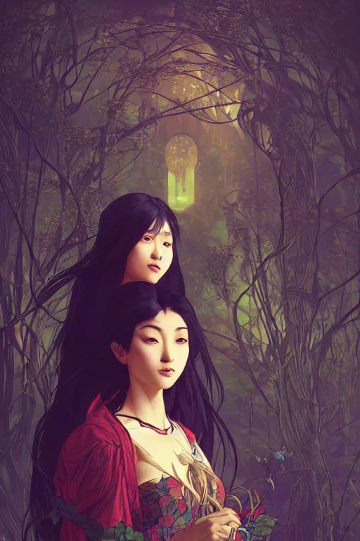 Image similar to a beautiful render of absolutely beautiful asian witch, gothic background, a beautiful face, perfectly shaded, atmospheric lighting, style of makoto shinkai, raphael lacoste, louis comfort tiffany, artgerm, karol bak, james jean, alphonse maria mucha