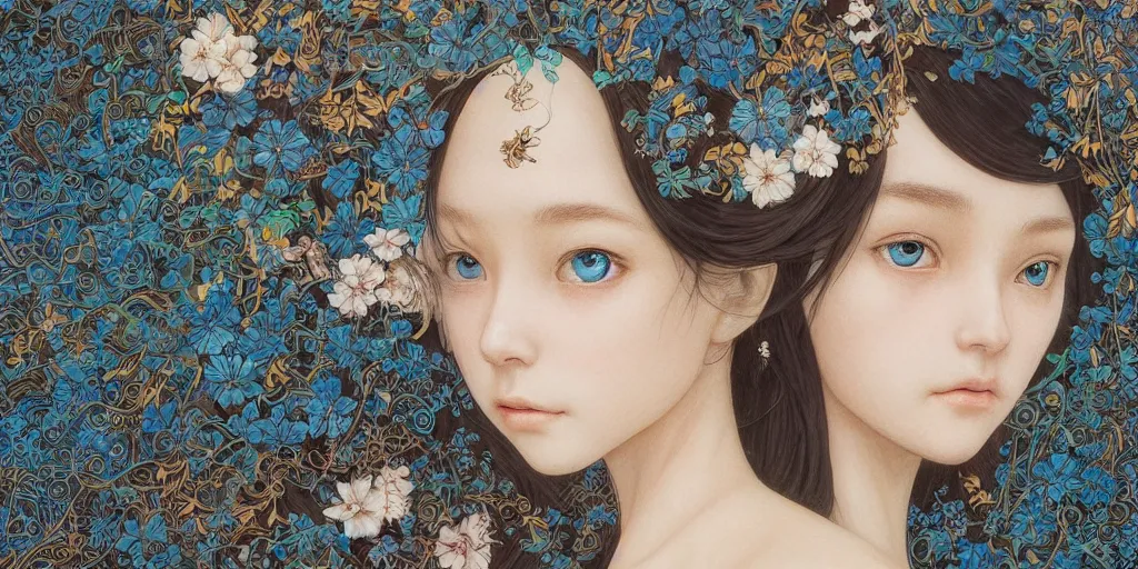 Image similar to breathtaking detailed concept art painting of the goddesses of nemophila flowers, orthodox saint, with anxious, piercing eyes, ornate background, amalgamation of leaves and flowers, by Hsiao-Ron Cheng, James jean, Miho Hirano, Hayao Miyazaki, extremely moody lighting, Black paper, cut paper texture, Full of light-blue and silver and white layers, 8K