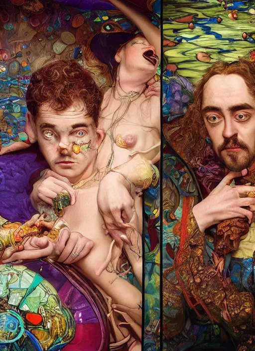 Prompt: detailed colourful masterpiece of photography couple portrait sat down extreme closeup, inside an underwater train, detailed realistic expressions, wearing unusual clothes, by ford madox brown and william powell frith and moebius and kilian eng and and frederic leighton and john william waterhouse and greg hildebrandt