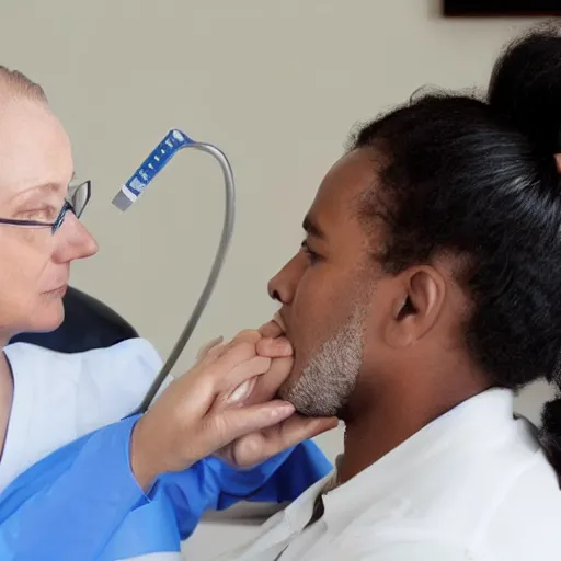 Image similar to a man sitting on a chair having his blood pressure measured by a nurse