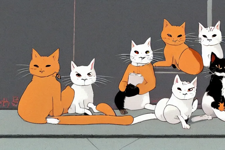 Image similar to four happy stray cats, lounging about and looking at the camera, urban setting, whimsical, trending on artstation, animation still by Hayao Myazaki