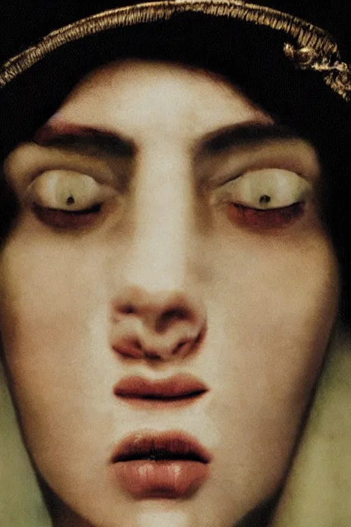 Image similar to hyperrealism fashion portrait close-up by Roversi photo from The Holy Mountain by Alejandro Jodorowsky in style of Francisco Goya