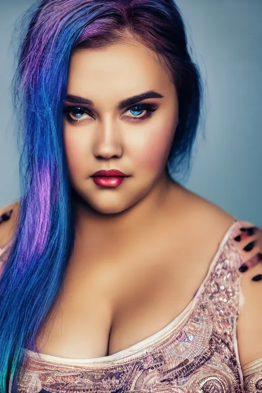 Image similar to a beautiful feminine big Beautiful Woman with thick eyebrows, beautiful, chubby iridescent eyes, intricate detail, dramatic 4k, sigma 85mm , UHD