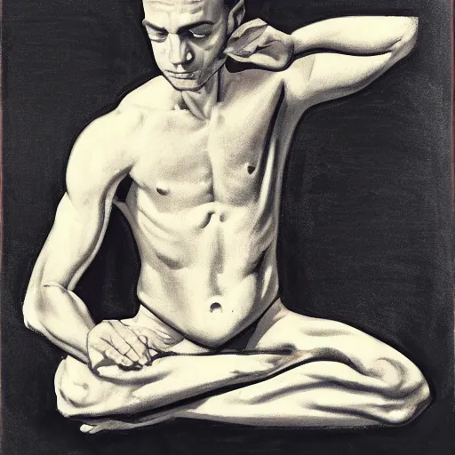 Prompt: man in black, meditating pose, in new york city, leyendecker style n-4