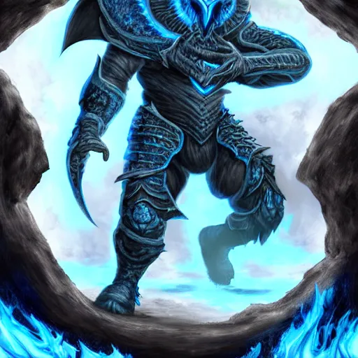 Image similar to a dark blue dragonborn with large tusks, half of his face flaming with blue flame, he wears a black dragon scales armor, large black boots and brown pants, digital art