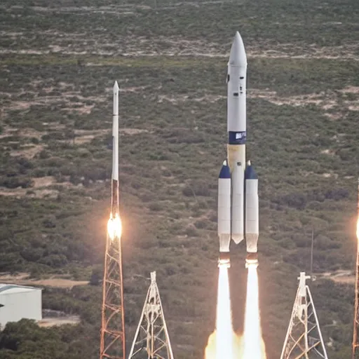 Image similar to nasa's new baguette rocket about to take off from a launch pad. the photo was taken slightly above a crowd of spectators looking at the baguette rocket and cheering on its launch