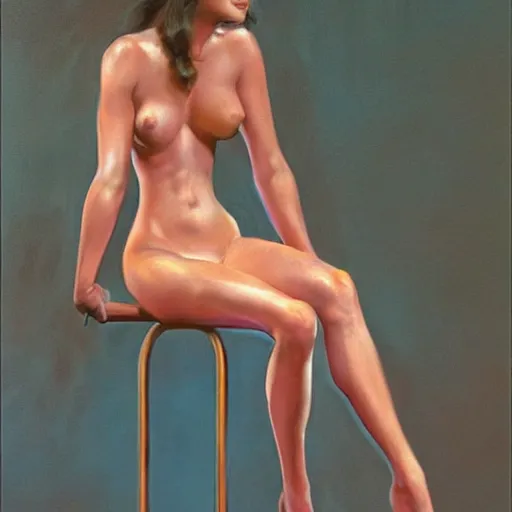 Image similar to artstation a woman seductively posing on a stool, by Boris Vallejo, very detailed, , portrait, backlit