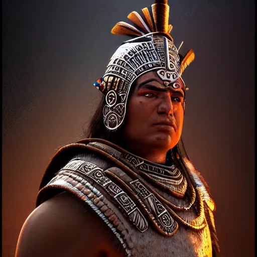 Prompt: a big aztec warrior, fantasy character portrait, ultra realistic, concept art, intricate detailed, volumetric light, cinematic lighting, 8 k uhd artwork, featured on artstation