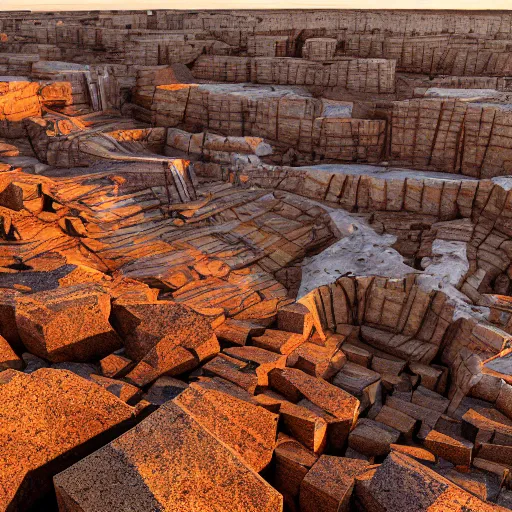 Image similar to bottom-up view huge deep stone quarry landscape quarry of dirty iron ore in the evening light golden hour, atmospheric lighting, 8k resolution, best color graded, vray beautiful, hyper-realistic render W 1920 H 1080