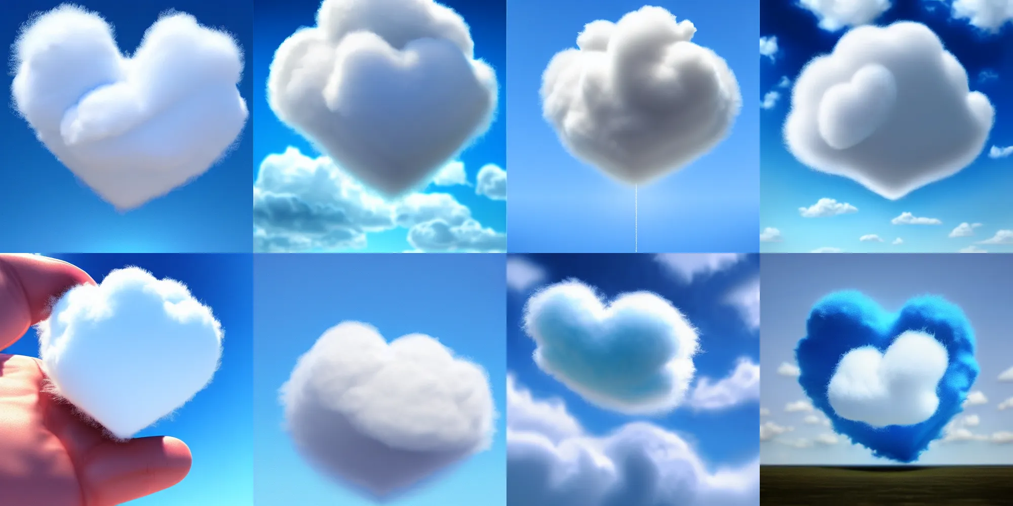 Prompt: fluffy cloud heart on blue clear sky, detailed, hyper realism, photo, realistic, soft volume absorbation, volume light, sss, view up, behance, artstation, ultra realism, cinematic, film