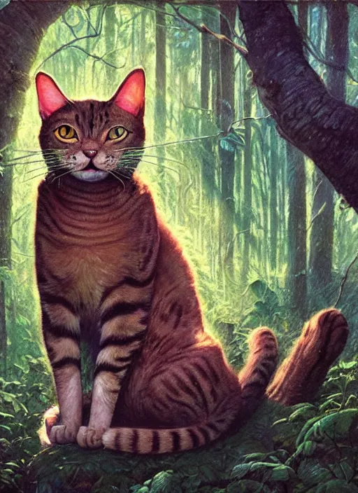 Image similar to a hyper realistic illustrated cat with happy lighting playing in the woods gorgeous lighting, sunbeams blue sky, lush forest foliage painting by chiara bautista and beksinski and norman rockwell and greg rutkowski weta studio, and lucasfilm