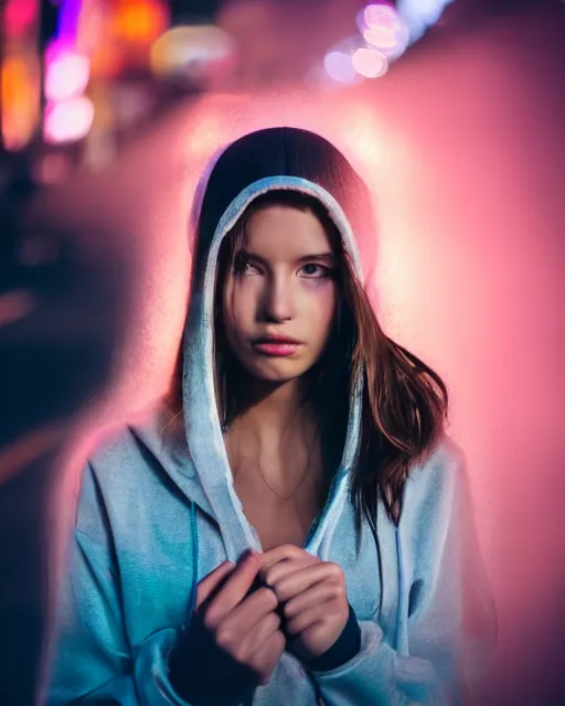 Prompt: a closeup portrait of as beautiful young woman wearing a transparent hoody standing in the middle of a busy night road, misty with lots of bright neon lights on the background, very backlit, moody feel, dramatic