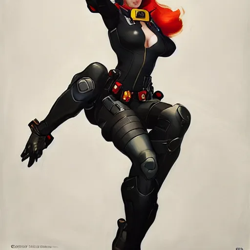 Image similar to greg manchess portrait painting of black widow as overwatch character, medium shot, asymmetrical, profile picture, organic painting, sunny day, matte painting, bold shapes, hard edges, street art, trending on artstation, by huang guangjian and gil elvgren and sachin teng