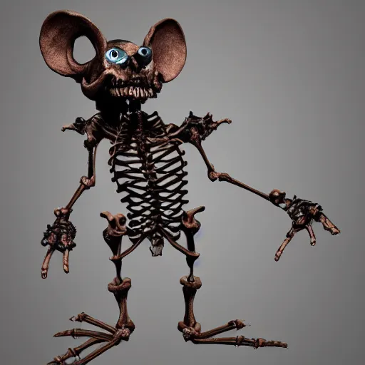 Prompt: rat skeleton halloween decoration, anthropomorphic rat in tattered black robes, photorealistic, artstation