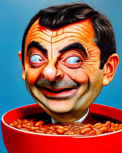 Image similar to portrait of mr bean smiling in a bowl full of baked beans, face fully covered in beans and tomato sauce, soft red skin, baked beans for eyes, rowan atkinson, mr bean face, oil painting, highly detailed