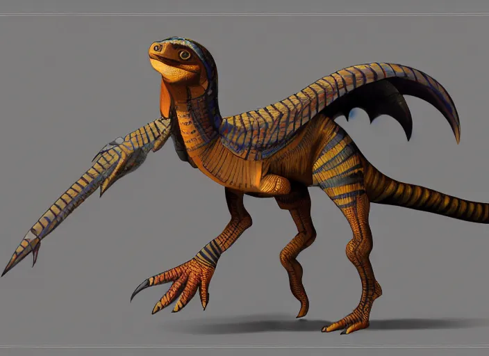 Image similar to fullbody egyptian raptor dinosaur character design of a egyptian raptor. egyptian raptor deviantart adoptable, deviantart species style of maple story and zootopia, portrait studio lighting by jessica rossier and brian froud, traditional, artstationhd artstation, zootopia, hq textures