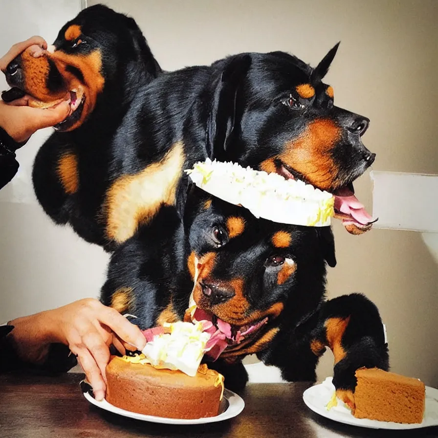 Prompt: “realistic Rottweiler trying to eat birthday cake”