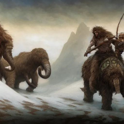 Image similar to Magic The Gathering art action shot of troll warriors riding wooly mammoths in the tundra, drawn by Donato Giancola and Tom Bagshaw, Edmund Leighton, Alphonse Mucha, 4k, volumetric lighting, intense battle scene award winning, octane render, hyperrealistic