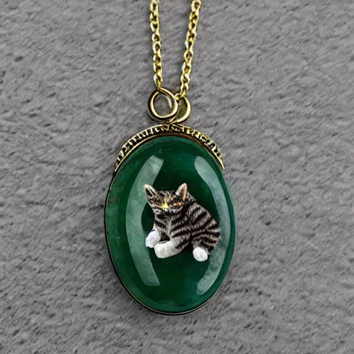 Image similar to solidity and eternity embroidered tabby cat necklace with jade stone, hyper realistic