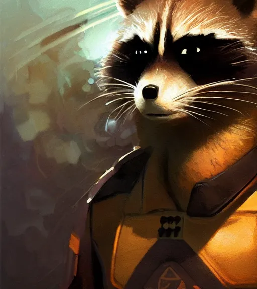 Image similar to a closeup portrait of Rocket Raccoon by Craig Mullins; extraordinary-masterpiece; realistic-lighting; 90mm; f/1.4