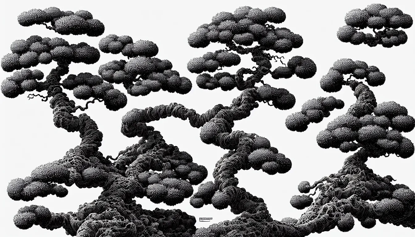 Image similar to close up of a bonsai tree by nicolas delort, moebius, victo ngai, josan gonzalez, kilian eng