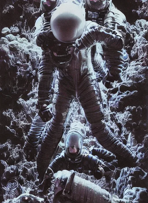 Image similar to astronauts in the dark infinite underwater void - complex and hyperdetailed technical suit, fabric material. reflection and dispersion materials. rays and dispersion of light. volumetric light. wide angle, f / 3 2. noise film photo. flash photography. ultra realistic, wide angle. poster by wayne barlowe, hajime sorayama aaron horkey, craig mullins