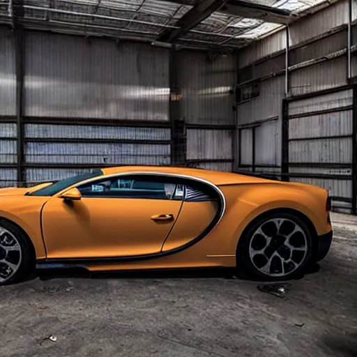 Image similar to an abandoned, derelict, rusty bugatti chiron in a dirty warehouse