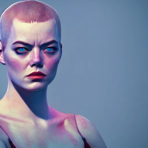 Image similar to Emma Stone as Furiosa by Ilya Kushvikov, symmetrical face concept art, octane render unreal engine meta humans, trending on artstation, desert, main colors orange, yellow, red and white