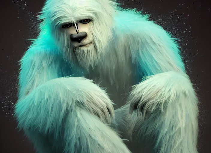 Image similar to bioluminescent furry yeti on a angelic biome, fantasy, hyper realism, wet reflections, intricate, digital art, detailed, studio shot, unreal engine 5, octane, high definition, smooth, artstation, behance